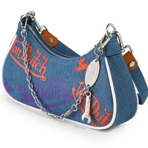 🔥NEW W/Tags Von Dutch Denim/Orange/Purple Logo Shoulder Bag W/ CUTE Mini Wrench